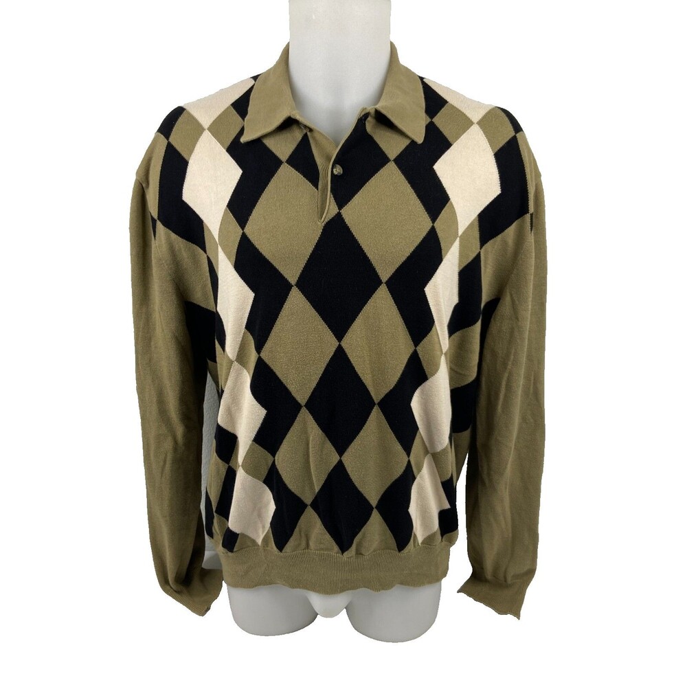 Callaway Men XL Argyle Golf Sweater Beige Black Collared Cotton 90s